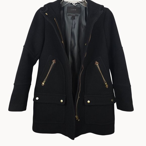 J.Crew‎ Womens 2 Italian Wool Hooded Tailored Coat Black Lined Gold Accents Warm - Picture 3 of 15